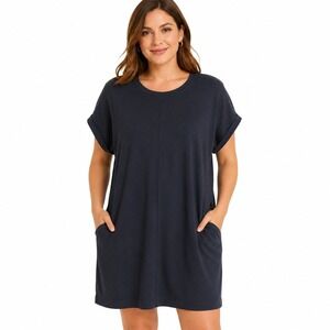 J.JIll Fit Dress Womans 1X Navy Blue Crew Neck Cuff Short Sleeve T-Shirt Pockets
